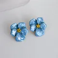 Elegante blauwe bloem oorknopjes met geel kristallen hart en S925 zilveren steker - 925 Sterling Zilver Stift - Handgeschilderd Patroon Bloem Stijl (26)