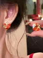 Macro detail of New Chinese style koi carp stud earrings with red enamel and pearls - 12# (Koi Fish Shape-Silver Post) / Gold-Red