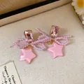 Elegante roze parel strik oorbellen met kristal en fonkelende sterren - 925 Sterling Zilver Stift - Kristal Parel Strik Ster Stijl (52)