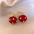Elegant red spherical earrings with white polka dots on soft beige silk background - 32# (Polka Dot Dangle-Gold Plated) / Gold-Red
