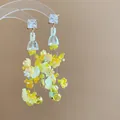 Handgemaakte gele bloemen glaskraal kwastje oorbellen met vierkante kristallen. - 925 Sterling Zilver Stift - Strass Bel Druiven Kwaster Stijl (36)