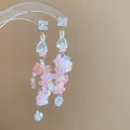 Elegante bloemen glazen kwastje oorbellen met roze bloesems en kristal. - 925 Sterling Zilver Stift - Transparante Zirconia Roze Bloem Kwaster Stijl (35)