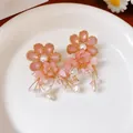 Elegante roze bloemoorbellen met parel- en kristallen kwastjes in SKU-variant optiek - 925 Sterling Zilver Stift - Roze Bloem Druiven Kwaster Stijl (32)