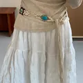 Detail view of woven macramé waist chain with turquoise stone and long fringe. - Braided Turquoise Style (5#)
