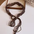 Bohemian handmade woven brown rope belt featuring wooden beads and long fringe tassels - Braided Wood Bead Style (36#)