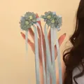 Sweet blue-grey flower hair clips with long elegant ribbons for women's hairstyling - Long Tassel Ribbon Hair Clip (Single) / Blue Gray