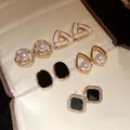10-piece vintage earring set featuring pearls and rhinestones in five diverse styles - 10 Pieces Pack / Black-White