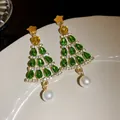 Elegant Christmas tree drop earrings with green crystals, gold stars and white pearls - 1# Silver Earring Post - Green - Christmas Tree