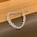 Elegant pink pearl and faceted crystal beaded bracelet with silver adjustable chain extender - Pink Pearl Crystal Woven Style