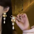 French vintage pearl tassel earrings with gold flower detail and silver needles - 5# Silver Earring Post - Gold - White