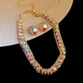 Elegant vintage AB iridescent rhinestone jewelry set including necklace and stud earrings - Necklace and Earrings (2-Piece) / Gold