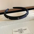 Elegant black padded headband adorned with silver bow charms in French retro style - 44# Headband-Black Silver