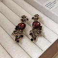 Vintage style earrings featuring square red gemstone and intricate colorful leaf pattern - 26# Silver Earring Post Earrings