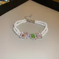 Elegant double-strand pearl necklace featuring vibrant pink and green gemstone pendants - 41# Necklace (Multi-Color Gem Double Layer) / Silver