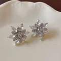 Close-up of elegant snowflake-shaped stud earrings with clear sparkling crystals - Silver Post Exquisite Snowflake Studs (28#)