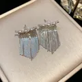 Vue détaillée de boucles d'oreilles pompon en argent avec zircon et franges délicates - Argent