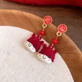 Festive new Chinese style red flocked pony earrings with a golden Fu lucky charm. - Fu Flocked Horse (52#)
