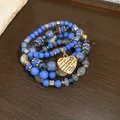 Bohemian blue multi-layer beaded bracelet with gold heart charm engraved with I Love You - Heart Pendant Stacking Style (22#) / Dark Blue