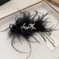 Elegant black feather hair clip with crystal logo decoration for women hair accessory - Black With Bow (Logo)