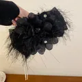 Elegant black feather and mesh hair claw clip with rhinestones for sophisticated buns - Black With Mesh Rhinestone Chain