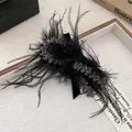 Elegant black feather hair claw clip with velvet ribbon and sparkling rhinestones accessory - BB Clips / Feather (58#BB Clip)