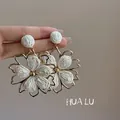 Handmade woven flower drop earrings with gold metal frame for summer vacation style - 2# Silver Earring Post - Gold White