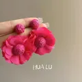 Macro detail of handmade pink woven flower earrings featuring delicate layered fabric petals - 6# Silver Post - Rose Red
