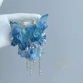 Elegant blue fabric flower tassel earrings with hanging crystals and faux pearl details - 8# Silver Earring Post-Blue