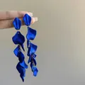 Detailed view of elegant royal blue multilayer petal tassel earrings with a long dangle - 15# Steel Post - Blue