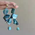 Bohemian style long tassel earrings featuring irregular blue stones and gold hardware details - 19# Silver Earring Post - Blue