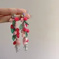 Handmade floral tassel drop earrings with pink roses and sparkling AB crystals - 27# Silver Earring Post - Pink