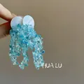 Elegant blue beaded tassel earrings with white shell stud and 925 silver needle - 30# Silver Earring Post - Blue