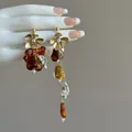 Vintage brown floral tassel earrings with amber-style beads and gold accents - 31# Silver Post - Coffee - Gold
