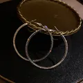 Large silver metal hoop earrings with sparkling micro-pave textured finish for women - Pave Rhinestone Large (HE8275) / Silver