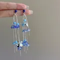 Elegant blue flower tassel earrings with silver needles for a sweet vacation style look - 37# Silver Post - Silver - Blue