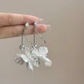 Elegant sweet white flower tassel earrings with sparkling rhinestones in silver finish - 38# Silver Earring Post-Silver-White