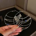 Oversized silver-toned hoop earrings with multi-layered sparkling rhinestone tassel chains - Rhinestone Tassel Hoop (HE8275) / Silver