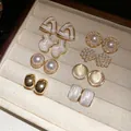 Elegant 16-piece stud earring set featuring pearls, cat-eye stones and geometric designs - Geometric Design (HE30826) / 16-Piece Set / Gold White