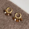 Elegant gold hoop earrings with imitation tiger eye stones and pearls on brown knit - Various Dangle Style (17#)
