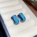 Elegant square hoop earrings featuring micro-pave turquoise stones in a gunmetal finish - Lake Blue Zirconia Square Hoop