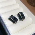 Elegant square hoop earrings with black pavé zircons in a luxury jewelry box - Black Zirconia Square Hoop