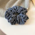 Elegant grey velvet polka dot scrunchie with small pearl detail for women - 49# Hair Tie - Blue Flocked Polka Dot