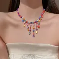 Elegant bohemian style necklace with colorful irregular glass beads worn by a model - 30# Necklace - Multicolor