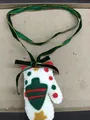 Handmade Christmas felt mitten pendant necklace with elegant green velvet ribbon and bow detail - Polka Dot Glove (White-Green)