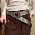 Western style wide belt featuring a heavy industry heart-shaped floral buckle. - Hollow Heart Heavy Style (HN10237)