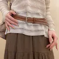 Western style brown leather belt with double rows of silver studs detail for women - Double-row Rivet Heavy Style (HN10227)