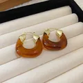 Close-up of French retro amber resin hoop earrings presented in a beige jewelry tray - Bag Shape (HE16376)