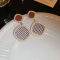 French retro houndstooth earrings with brown enamel and white pearl trim in gold finish - Houndstooth Square (HE16450)