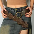 American Western style brown wide leather belt with rivets and antique brass buckle - Wavy Edge Bronze Buckle Style (HN10243)