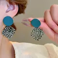 Minimalist teal and checkered geometric stud earrings with hypoallergenic silver needle - Geometric Color Block (9#)